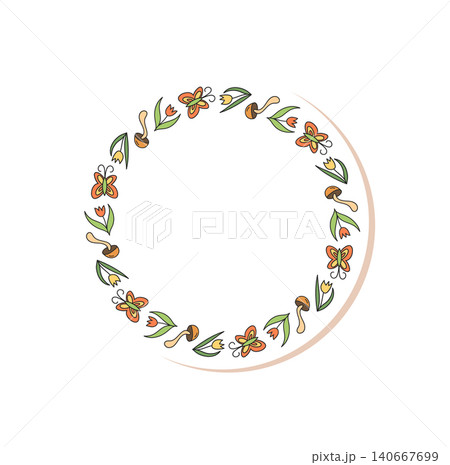 Cute camping doodle circle sticker frame shows outdoor nature and adventure with colorful summer camp theme. Hiking elements and color shape give outdoor fun style, ideal for adventure patch or camp 140667699