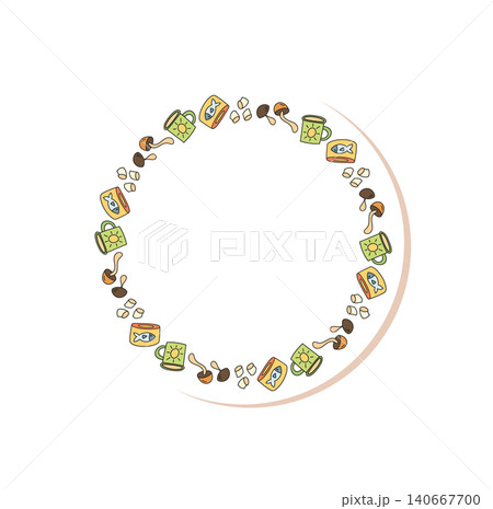 Cartoon doodle sticker with outdoor adventure circle frame. Travel and camp elements in nature motif. Trip and color details accent this playful patch for creative projects or fun holiday 140667700