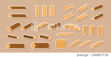 Flat wood plank and log sticker set in warm brown and yellow tone. Cartoon tree section with round log long beam on soft board background. Chopped block plank icon group for label, card banner Flat wood plank and log sticker set in warm brown and yellow tone. Cartoon tree section with round log long beam on soft board background. Chopped block plank icon group for label, card banner 140667730
