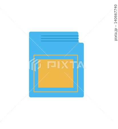 Retro console cassette in flat style. Classic videogame patch as blue and yellow gadget with technology for player and video game. Vintage entertainment icon, perfect for gamer art. 140667740
