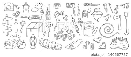 Camp adventure outdoor doodle equipment collection drawing in line art style. Travel and hiking gear with campfire and picnic elements, perfect for an outdoor trip or adventure equipment collection Camp adventure outdoor doodle equipment collection drawing in line art style. Travel and hiking gear with campfire and picnic elements, perfect for an outdoor trip or adventure equipment collection 140667787