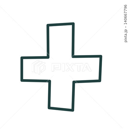 Clean outline firstaid icon in doodle style. Simple camp medical symbol with line art look. Minimal outdoor cross as hiking aid and adventure cue. Dark green stroke on white suits camping maps and Clean outline firstaid icon in doodle style. Simple camp medical symbol with line art look. Minimal outdoor cross as hiking aid and adventure cue. Dark green stroke on white suits camping maps and 140667796