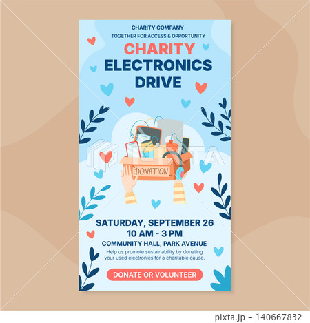 Charity electronic donation box flat poster. Volunteer hands hold a box with used electronic goods as a thoughtful gift for community support and help. Soft blue light background suits social media 140667832