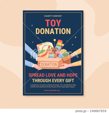 Toy donation box with child gift and hand help on dark blue background. Children charity poster show toy and box share as community support. Colorful flat cartoon graphic style for print media Toy donation box with child gift and hand help on dark blue background. Children charity poster show toy and box share as community support. Colorful flat cartoon graphic style for print media 140667859