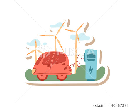 Cute flat cartoon electric transport. Small eco car as green vehicle patch. Renewable energy scene with wind and clean power, environmental care for future. Simple icon for sticker, web, and eco Cute flat cartoon electric transport. Small eco car as green vehicle patch. Renewable energy scene with wind and clean power, environmental care for future. Simple icon for sticker, web, and eco 140667876