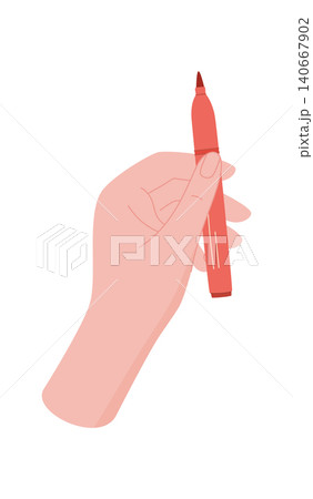 Flat human hand with red marker tool and simple art style. Artist hand hold stationery as childish doodle icon and craft object. White background for education, school study creative work Flat human hand with red marker tool and simple art style. Artist hand hold stationery as childish doodle icon and craft object. White background for education, school study creative work 140667902
