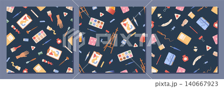 Flat art equipment layout forms seamless background pattern. Painter tools and watercolor kit appear as playful craft supplies in blue, orange and white color. Pattern of brush, palette creative Flat art equipment layout forms seamless background pattern. Painter tools and watercolor kit appear as playful craft supplies in blue, orange and white color. Pattern of brush, palette creative 140667923