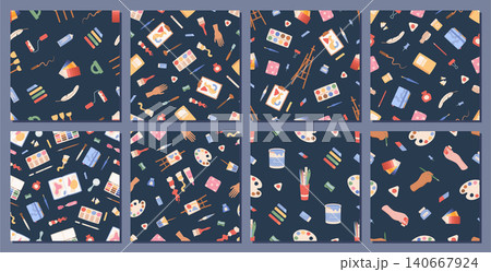 Flat painter tools seamless pattern with pencil and brush on dark background set. Colorful art palette and paint set act as creative tool kit. Seamless art school backdrop for children craft class, Flat painter tools seamless pattern with pencil and brush on dark background set. Colorful art palette and paint set act as creative tool kit. Seamless art school backdrop for children craft class, 140667924