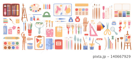 Colorful flat art craft supplies set isolated on white. Fun stationery and painting tools doodle objects. Watercolor brush, pencil, and paint supply suit creative school class children study, Colorful flat art craft supplies set isolated on white. Fun stationery and painting tools doodle objects. Watercolor brush, pencil, and paint supply suit creative school class children study, 140667929
