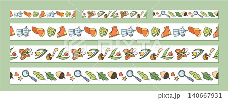 Seamless cartoon border set with forest adventure and camp doodle art pattern. Colorfull nature and hiking equipment for travel trip themes in a playful style. Outdoor seamless border element for any 140667931