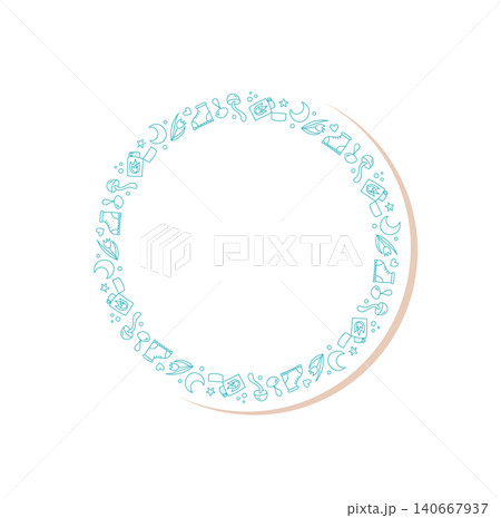 Circular frame label in blue line silhouette with outdoor adventure icon and mountain, nature, camp, hiking and travel symbol. Doodle elements nature theme for adventure art. 140667937
