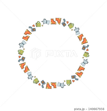 Colorful camping adventure doodle frame in circular style. Hiking and camp equipment with backpack adds campground travel accent, outdoor theme and adventure spirit in colorfull hand drawn art. Colorful camping adventure doodle frame in circular style. Hiking and camp equipment with backpack adds campground travel accent, outdoor theme and adventure spirit in colorfull hand drawn art. 140667938