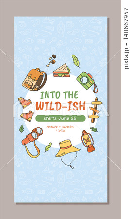 Vertical camping adventure poster in doodle sketch style with outdoor hat, backpack, lantern and binoculars. Color background graphic for hiking, camp theme and travel inspiration. 140667957