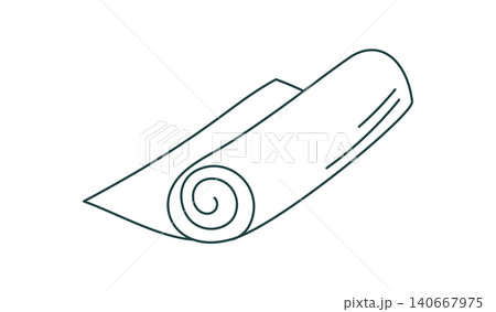 Minimal camp mat icon in contour style. Simple camping symbol as outdoor doodle line art. Rolled mat sketch suits travel gear and camp trip scenes with green tone. Clean sign for adventure map or 140667975