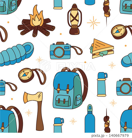 Colorful doodle camp pattern in seamless cartoon graphic style. Backpack, compass, campfire and picnic elements combine with adventure and travel as playful hand drawn icons for an outdoor themed Colorful doodle camp pattern in seamless cartoon graphic style. Backpack, compass, campfire and picnic elements combine with adventure and travel as playful hand drawn icons for an outdoor themed 140667979
