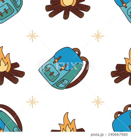 Seamless cartoon pattern with outdoor backpack and campfire in a color sketch. Adventure, travel and nature camp motif blend hiking doodle style for a creative summer background. Seamless cartoon pattern with outdoor backpack and campfire in a color sketch. Adventure, travel and nature camp motif blend hiking doodle style for a creative summer background. 140667980
