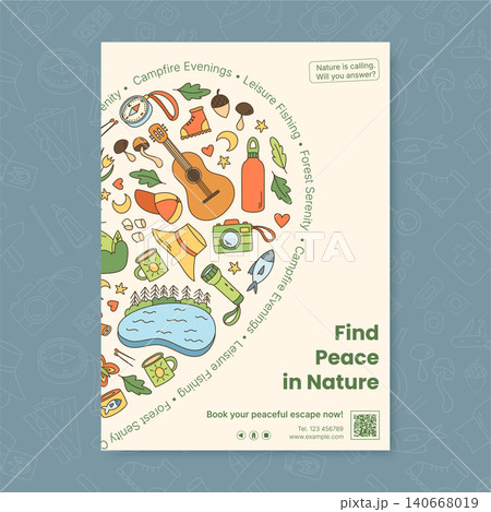 Outdoor adventure doodle vertical poster in color style. Forest, lake and camp elements with summer hat, mug, fishing and guitar. Poster conveys an outdoor adventure theme. Outdoor adventure doodle vertical poster in color style. Forest, lake and camp elements with summer hat, mug, fishing and guitar. Poster conveys an outdoor adventure theme. 140668019