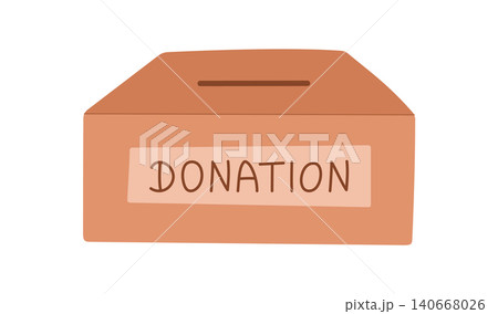 Simple flat cartoon charitable box. Minimal donate container as support symbol and help icon. Brown donation box suggests aid, give and contribution for community care hope 140668026