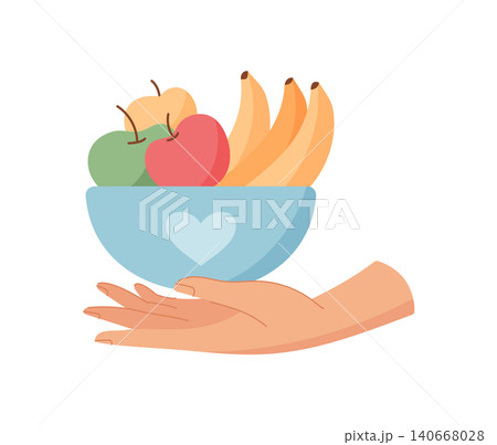 Food donation support concept in flat style. Helping hand with food bowl as charity help and care for needy people. Fruit gift for hunger relief on white background donate and give message 140668028