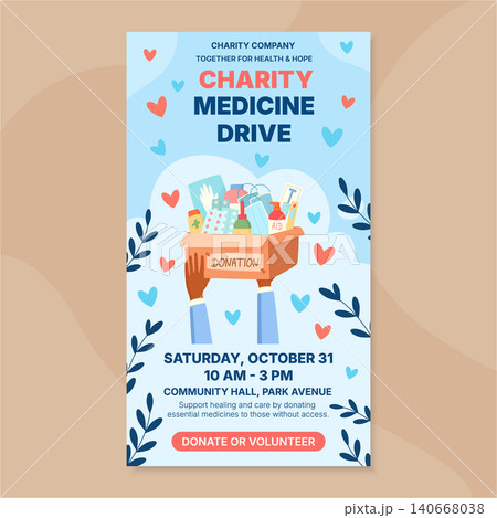 Light flat concept of charity medicine donation box with colorful aid and help items. Healthcare gift as support for people in need. Soft blue and beige background for social media poster donation 140668038