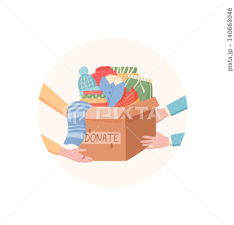 Flat circle sticker show clothes donation box. Cute community gift box as charity help symbol with cartoon character hand and warm goods. Simple cover for support, care and donate theme use 140668046