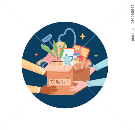 Circle sticker shows hand with charity donate box. People lift gift goods lid as shared support. Colorful food and home appliance mix inside container. Symbol for donation, community help and care 140668047