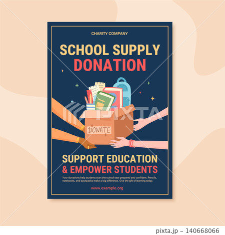 Charity school donation box banner in flat style. Child help and children support as kind gift for education and school need. Black blue background suits poster or print for donate share hope. 140668066