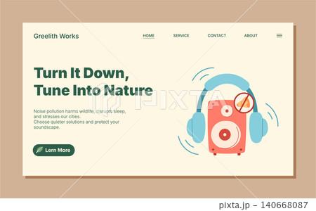 Eco noise pollution protection banner with flat layout and horizontal format. Health and safety theme for sound control in the environment. Clean eco concept suits landing page about noise Eco noise pollution protection banner with flat layout and horizontal format. Health and safety theme for sound control in the environment. Clean eco concept suits landing page about noise 140668087