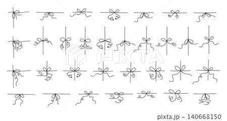 Romantic hand drawn wedding bow collection on white set. Cute whimsical ribbon doodle as delicate decorative string and line border. Simple romantic bow element for wedding invite or valentine card, 140668150