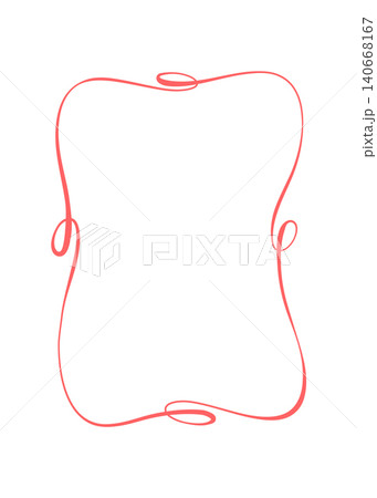Whimsical red ribbon rectangle frame with curly line border. Cute hand drawn doodle edge as elegant decorative element. Simple romantic background for social media card or invite, modern minimal 140668167