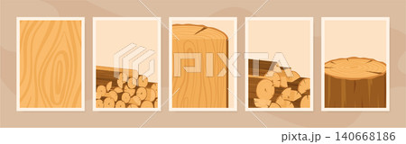 Warm brown wood grain log design set. Wooden tree trunk piece and pile of firewood form rustic pattern on flat template. Natural concept for banner and cover with soft neutral grain texture Warm brown wood grain log design set. Wooden tree trunk piece and pile of firewood form rustic pattern on flat template. Natural concept for banner and cover with soft neutral grain texture 140668186