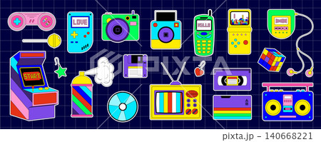 Cute y2k retro sticker icon cartoon. Nostalgia and vintage element meets pop style in this 90s and 2000s set. Bright shapes modern aesthetic, perfect for creative collection or bundle. Cute y2k retro sticker icon cartoon. Nostalgia and vintage element meets pop style in this 90s and 2000s set. Bright shapes modern aesthetic, perfect for creative collection or bundle. 140668221