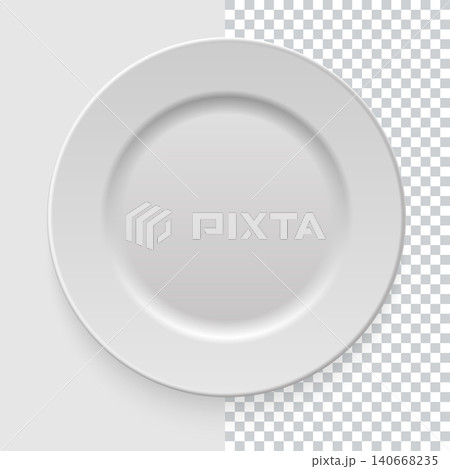 Realistic empty white dish plate with shadow on transparent background. Template design for food presentation and your projects. Top view. Kitchen appliances utensils for eating. Vector illustration. Realistic empty white dish plate with shadow on transparent background. Template design for food presentation and your projects. Top view. Kitchen appliances utensils for eating. Vector illustration. 140668235