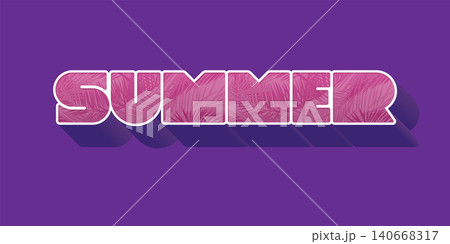 SUMMER extrude pink inscription with tropical leaves on purple background. Vector illustration with typography for shirt, summer sale banner, discount, flyer, invitation, poster. 140668317