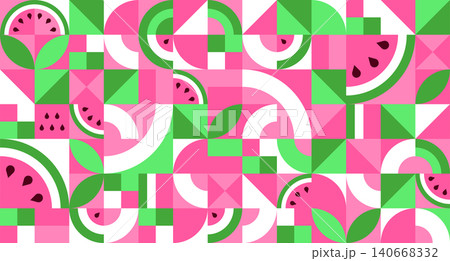 Seamless geometric pattern with watermelon in Bauhaus style. Texture of simple repeating shapes, mosaic of squares and triangles. Vector illustration for background, wallpaper Seamless geometric pattern with watermelon in Bauhaus style. Texture of simple repeating shapes, mosaic of squares and triangles. Vector illustration for background, wallpaper 140668332