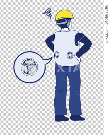 ファンベストのトラブル ほこりで機能低下した空調服を着て不快を感じている作業員の全身後ろ姿 ファンベストのトラブル ほこりで機能低下した空調服を着て不快を感じている作業員の全身後ろ姿 140668396