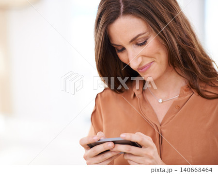 Typing, connection and woman with a smartphone, internet and website information with message and texting. Person, mobile user and girl with cellphone or reading online news and blog with digital app 140668464