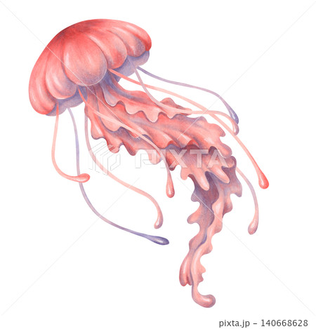 Cute watercolor illustration of a jellyfish character. Adorable sea creature for kids. Hand-drawn underwater cartoon animal in a pastel color for baby shower invitations. Clipart for nursery wall art Cute watercolor illustration of a jellyfish character. Adorable sea creature for kids. Hand-drawn underwater cartoon animal in a pastel color for baby shower invitations. Clipart for nursery wall art 140668628