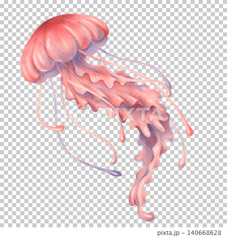 Cute watercolor illustration of a jellyfish character. Adorable sea creature for kids. Hand-drawn underwater cartoon animal in a pastel color for baby shower invitations. Clipart for nursery wall art Cute watercolor illustration of a jellyfish character. Adorable sea creature for kids. Hand-drawn underwater cartoon animal in a pastel color for baby shower invitations. Clipart for nursery wall art 140668628