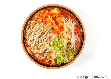 Nutritious mung bean noodles in a rich tomato and egg soup, garnished with fresh cilantro Nutritious mung bean noodles in a rich tomato and egg soup, garnished with fresh cilantro 140668738