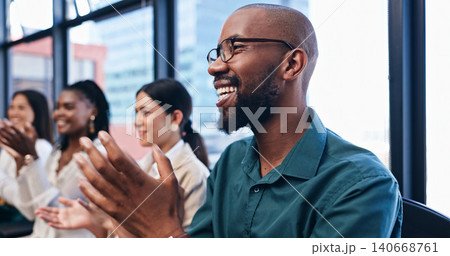 Businessman, team and applause in presentation for success with support, happiness and celebration in office. Conference, employees and audience clapping hands for promotion, welcome and achievement Businessman, team and applause in presentation for success with support, happiness and celebration in office. Conference, employees and audience clapping hands for promotion, welcome and achievement 140668761