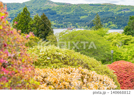 【神奈川県】箱根・小田急山のホテル つつじ庭園(後方に芦ノ湖の観光船) 【神奈川県】箱根・小田急山のホテル つつじ庭園(後方に芦ノ湖の観光船) 140668812