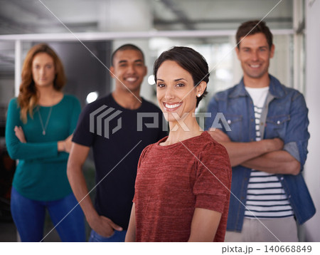 Businesswoman, happy and office portrait with team, creative and professional career. Leadership, female person and confident with diversity coworkers in collaboration and standing together. Businesswoman, happy and office portrait with team, creative and professional career. Leadership, female person and confident with diversity coworkers in collaboration and standing together. 140668849