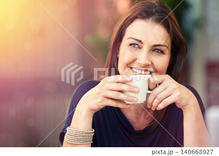 Woman, thinking and relax with coffee at cafe and planning future holiday or vacation in city. Happy, customer and enjoy drink of espresso, latte or tea at outdoor restaurant in morning with ideas Woman, thinking and relax with coffee at cafe and planning future holiday or vacation in city. Happy, customer and enjoy drink of espresso, latte or tea at outdoor restaurant in morning with ideas 140668927