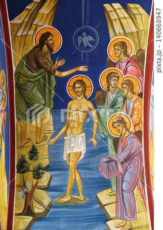 Baptism of the Lord, fresco in the Church of Saint Paraskeva of the Balkans near Saint Naum Monastery, Ohrid in Macedonia Baptism of the Lord, fresco in the Church of Saint Paraskeva of the Balkans near Saint Naum Monastery, Ohrid in Macedonia 140668947