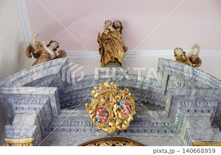 Saint Christopher, statue on altar in chapel Amorsbrunn in Amorbach, Forest of Odes Bavaria, Germany 140668959