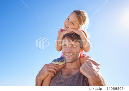 Portrait, dad and shoulder to carry girl for family, game and bonding together on sunny day. Blue sky, papa and young daughter for fun walk, happiness and sunshine on vacation in South Africa 140668984