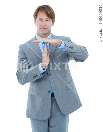 Businessman, portrait and hands with stop for no, wait or negative on a white studio background. Man or employee with disapproval sign or gesture for halt, disagreement or timeout on mockup space Businessman, portrait and hands with stop for no, wait or negative on a white studio background. Man or employee with disapproval sign or gesture for halt, disagreement or timeout on mockup space 140669050
