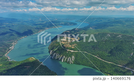 Danube river and mountains in Djerdap National Park Danube river and mountains in Djerdap National Park 140669176