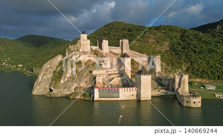 Golubac medieval fortress on cliff Danube river Golubac medieval fortress on cliff Danube river 140669244